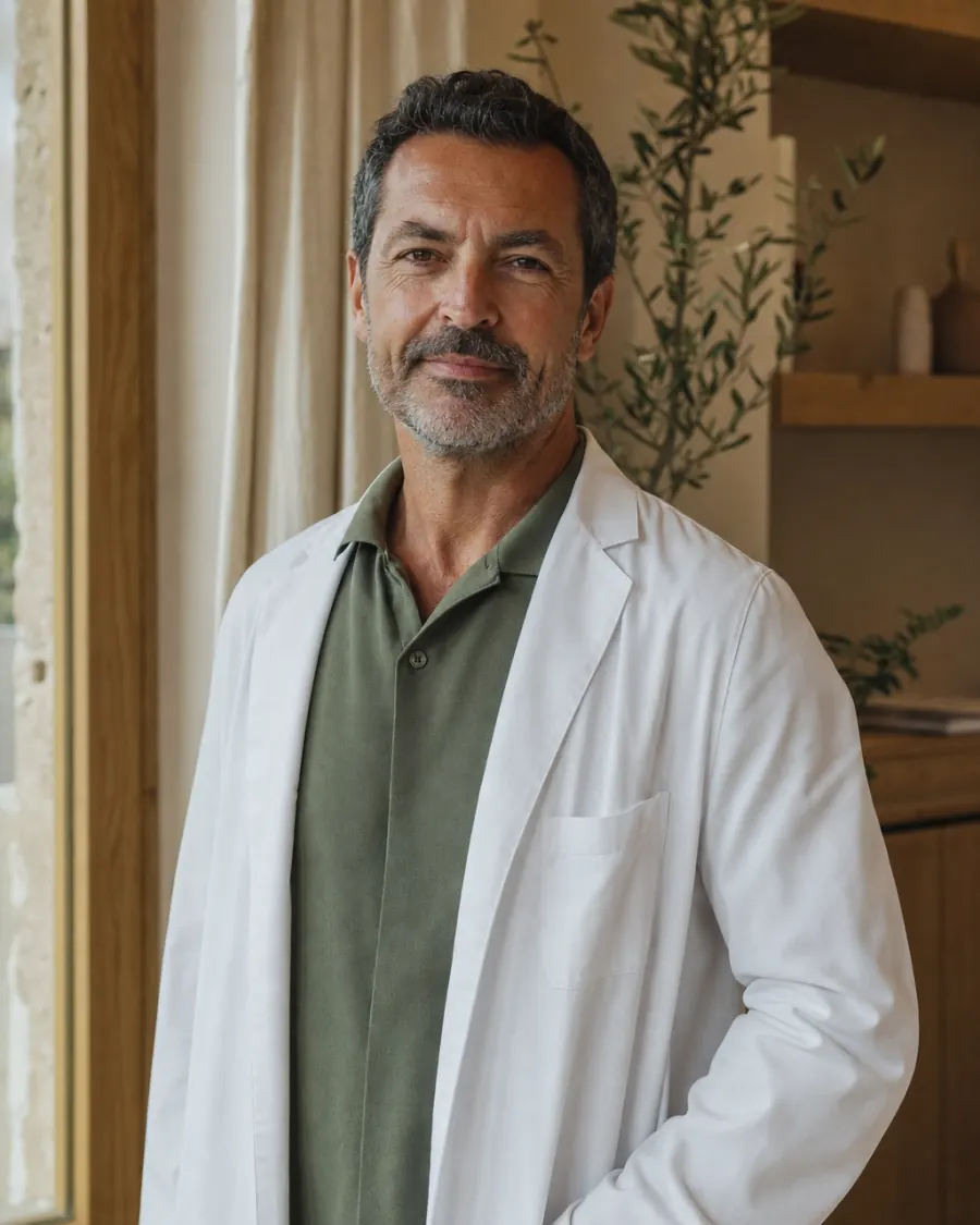 Retrato del doctor Javier Ortega con bata blanca junto a la ventana de su consulta