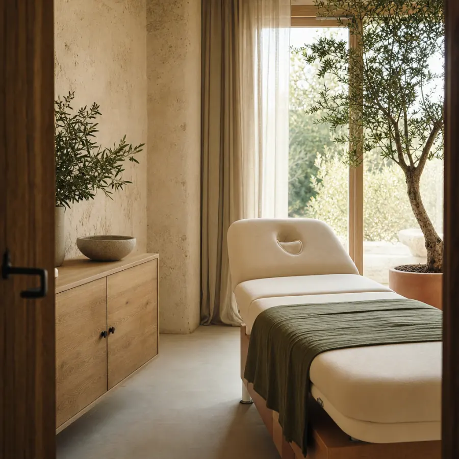 Sala de tratamiento luminosa con sillón crema, manta de lino verde y un olivo junto a la ventana